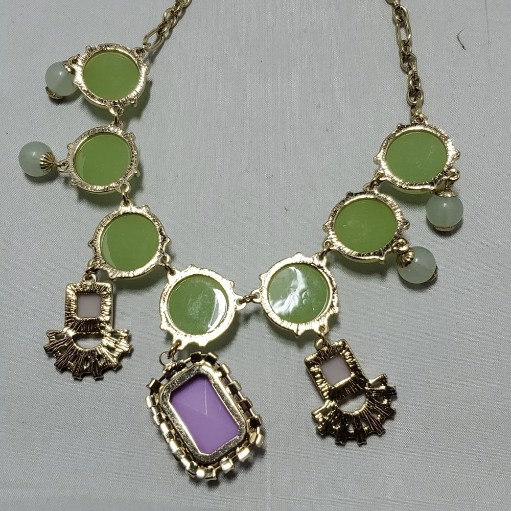 Bijou Drive  gold chain necklace with green and lavender stones with rhinestones - Picture 4 of 4